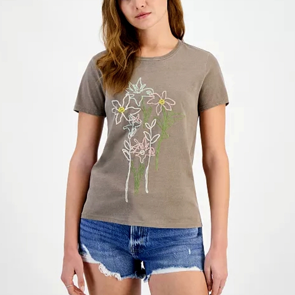 Lucky Brand Embroidered Floral Tee in Pine Bark sz XS​​